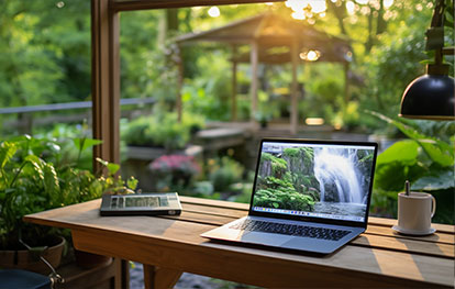 Büro Gartenhaus - Schreibtisch mit Laptop im Grünen