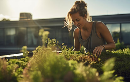 Gartenhaus mit Dachbegrünung - Frau pflegt Dachgrün