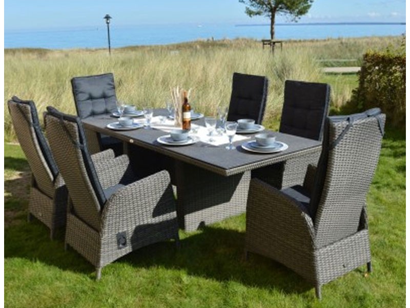 Ploss Gartenmöbel Dining-Tisch Rocking Polyrattangeflecht mit Glasplatte in Steinoptik  220 x 100 x 75 cm  Farbe: grau-bruan-meliert