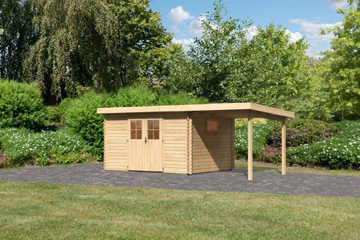 Karibu Holz-Gartenhaus Torgau 4 mit Anbaudach 2,3m - 40 mm Blockbohlenbau - naturbelassen