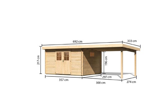 Karibu Holz-Gartenhaus Torgau 4 mit Anbaudach 3,3m - 40 mm Blockbohlenbau - naturbelassen