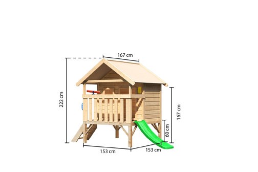 Akubi Mini Haus, mit grüner Rutsche klein, Handgriff. Telefon und Teleskop
