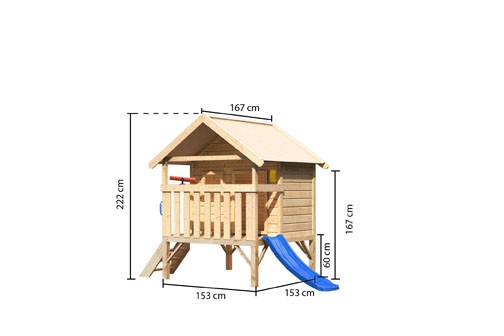 Akubi Mini Haus, mit blauer Rutsche klein, Handgriff. Telefon und Teleskop