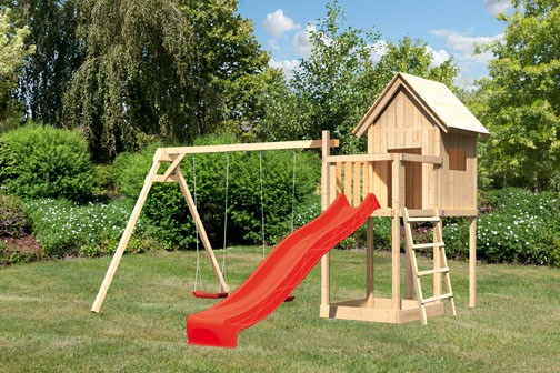 Akubi Spielturm Frieda mit Anbau  Satteldach + Rutsche rot + Doppelschaukel