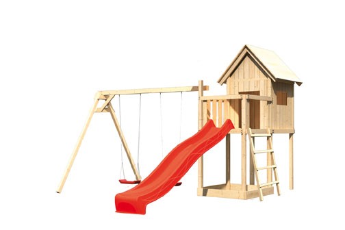 Akubi Spielturm Frieda mit Anbau  Satteldach + Rutsche rot + Doppelschaukel