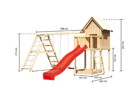 Akubi Spielturm Frieda mit Anbau  Satteldach + Rutsche rot + Gerüst / Doppelschaukel