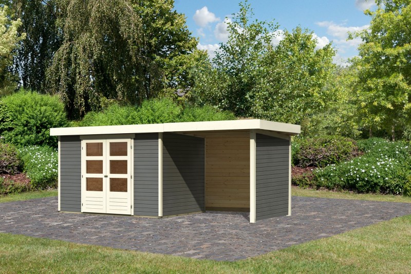 Woodfeeling Holz Gartenhaus Askola 4  im Set mit Anbaudach 2,40 m Breite und 19 mm Seiten- Rückwand - 19mm Flachdach - Farbe: terragrau