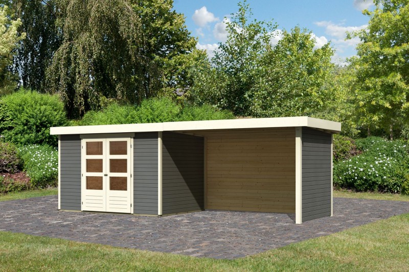 Woodfeeling Holz Gartenhaus Askola 4  im Set mit Anbaudach 2,80 m Breite und 19 mm Seiten- Rückwand - 19mm Flachdach - Farbe: terragrau