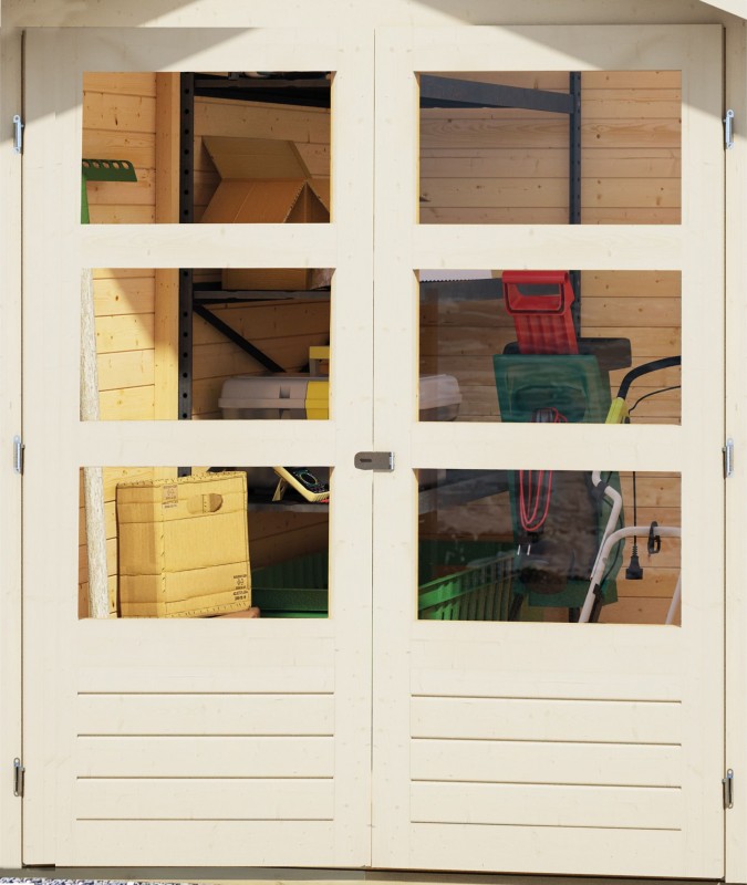 Woodfeeling Holz Gartenhaus Askola 4  im Set mit Anbaudach 2,80 m Breite und 19 mm Seiten- Rückwand - 19mm Flachdach - Farbe: terragrau