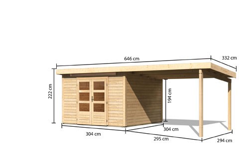 Woodfeeling Holz Gartenhaus Kandern 6,5 im Set mit Anbaudach 3,2 m Breite - 28mm Pultdach - Farbe: naturbelassen