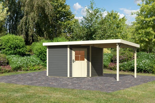 Woodfeeling Holz Gartenhaus Neuruppin 3 im Set mit einem Anbaudach Breite 2,4 m - 28mm Pultdach - Farbe: terragrau