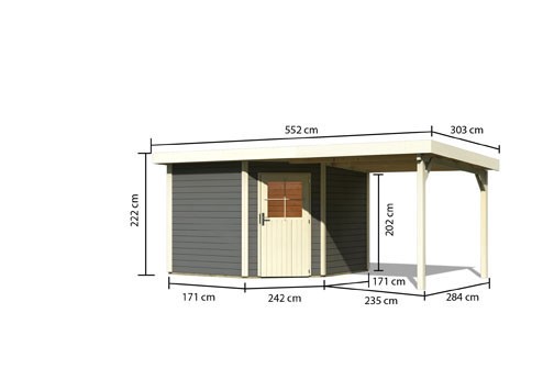 Woodfeeling Holz Gartenhaus Neuruppin 3 im Set mit einem Anbaudach Breite 2,4 m - 28mm Pultdach - Farbe: terragrau