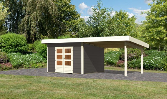 Woodfeeling Holz Gartenhaus Northeim 3 im Set mit einem Anbaudach Breite 3 m - 38mm Pultdach - Farbe: terragrau