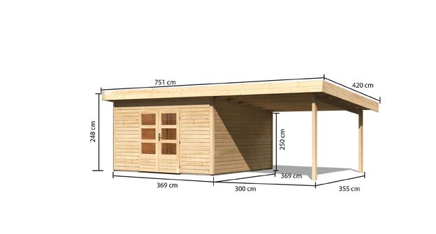 Woodfeeling Holz Gartenhaus Northeim 5 im Set mit einem Anbaudach Breite 3,3 m - 38mm Pultdach - Farbe: naturbelassen