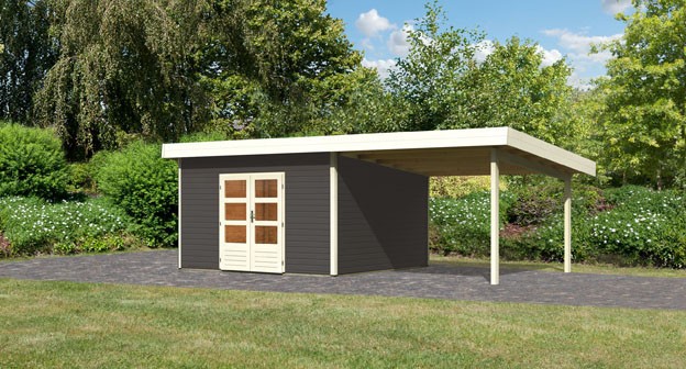 Woodfeeling Holz Gartenhaus Northeim 5 im Set mit einem Anbaudach Breite 3,3 m - 38mm Pultdach - Farbe: terragrau
