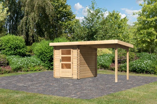 Woodfeeling Holz Gartenhaus Bastrup 1  im Set mit Anbaudach 2 m breit- 28mm Blockhaus Pultdach - Farbe: naturbelassen