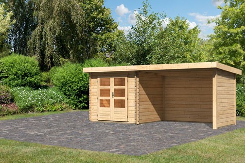 Woodfeeling Holz Gartenhaus Bastrup 2 im Set mit Anbaudach 3 m breit, 28 mm Seiten - und Rückwand - 28mm Blockhaus Pultdach - Farbe: naturbelassen