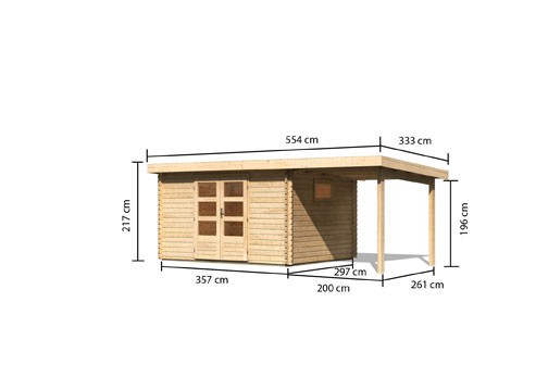 Woodfeeling Holz Gartenhaus Trittau 4 im Set mit Anbaudach 2,2 m - 38mm Blockhaus Pultdach - Farbe: naturbelassen