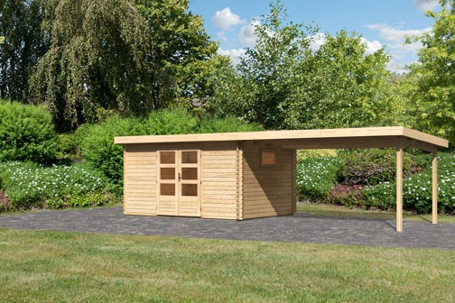 Woodfeeling Holz Gartenhaus Trittau 5 im Set mit Anbaudach 4,4 m - 38mm Blockhaus Pultdach - Farbe: naturbelassen