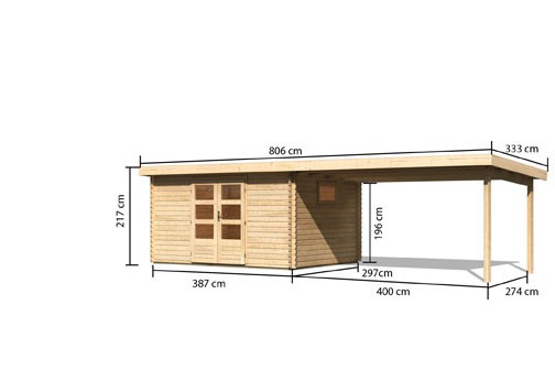 Woodfeeling Holz Gartenhaus Trittau 5 im Set mit Anbaudach 4,4 m - 38mm Blockhaus Pultdach - Farbe: naturbelassen