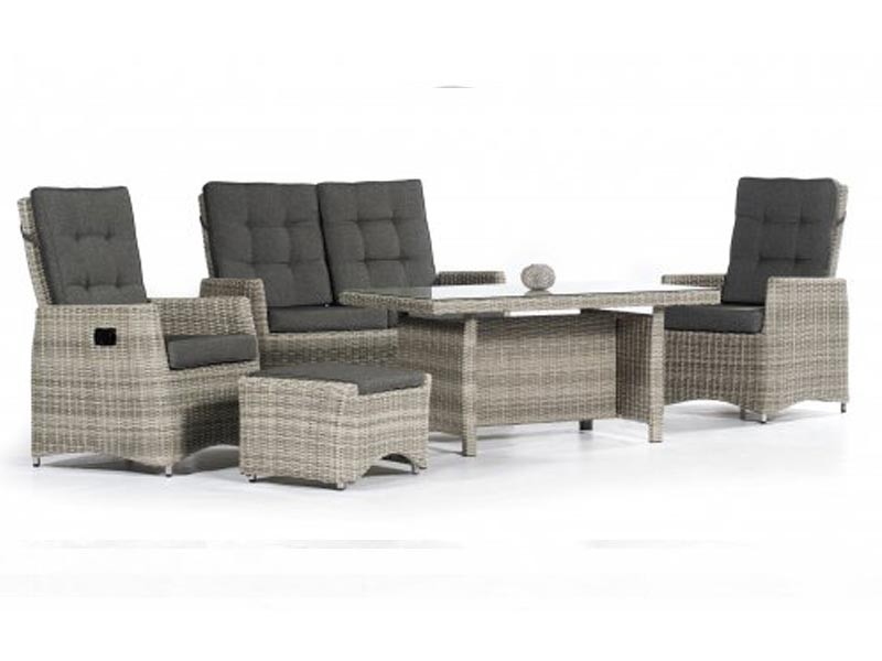 SonnenPartner Lounge-Comfort-Gruppe "Roseville"
2 Sessel, 1 Sofa, 1 Hocker, 1 Dining-Tisch
Aluminiumgestell / 
Kunststoffgeflecht grey-white
incl. Kissen, verstellbare Rückenlehnen 