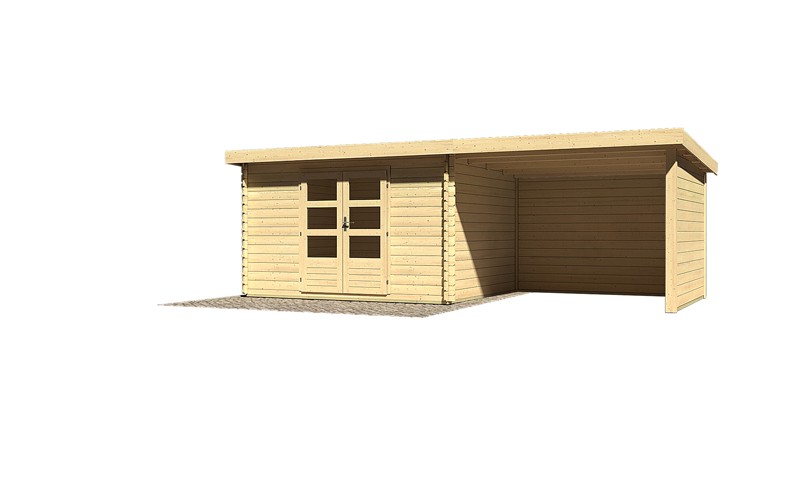 Woodfeeling Holz-Gartenhaus Pultdach Bastrup 7 - 28 mm Blockbohlenhaus -  inkl. 3 m Schleppdach + Seiten- u. Rückwand