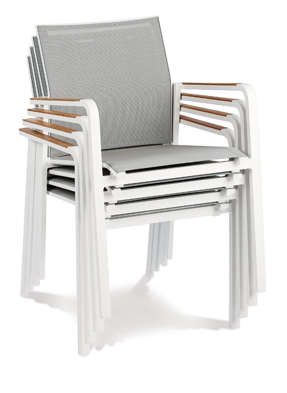 Best Stapelsessel Paros - Dining-Sessel mit Teakholz-Armlehne - Aluminium/Ergotex/Teak in weiß/grau