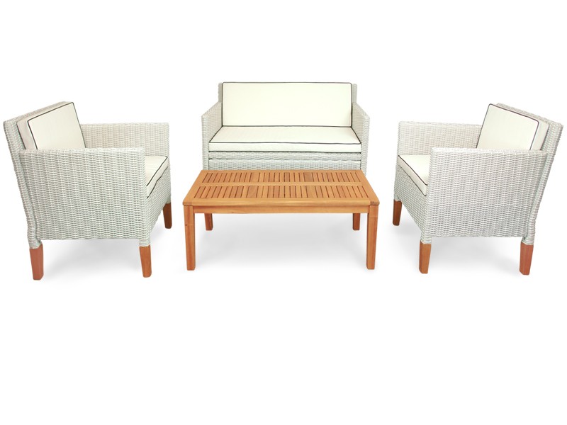 Gartenmöbel Set 4-teilig Havanna aus Polyrattan und Holz - Farbe altweiß mit Eukalyptus inkl. Auflagen
