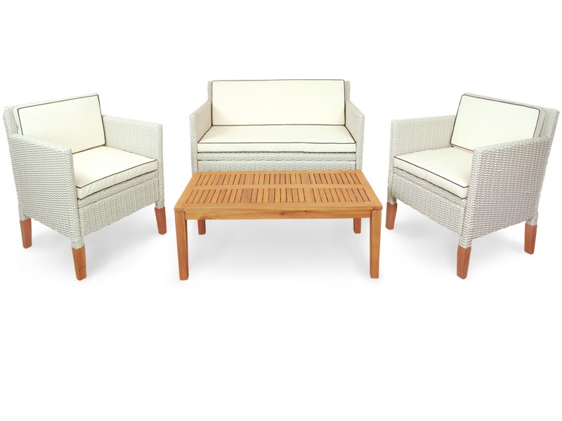 Gartenmöbel Set 4-teilig Havanna aus Polyrattan und Holz - Farbe altweiß mit Eukalyptus inkl. Auflagen