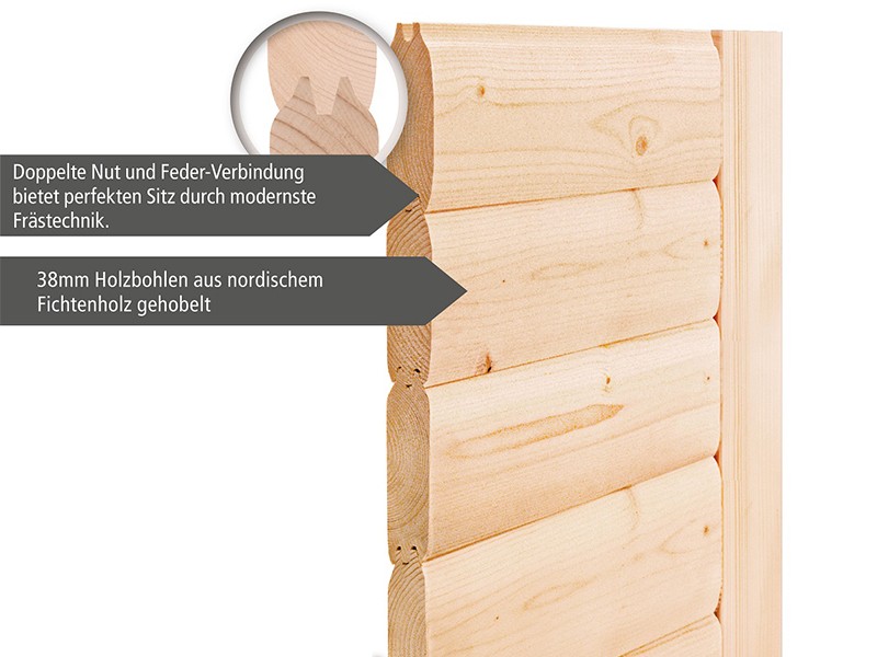 Woodfeeling 38 mm Massivholzsauna Tilda - für niedrige Räume - mit Dachkranz