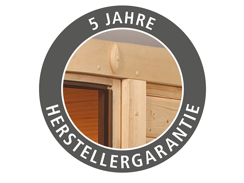 Woodfeeling 38 mm Massivholzsauna Jara - für niedrige Räume - ohne Dachkranz 