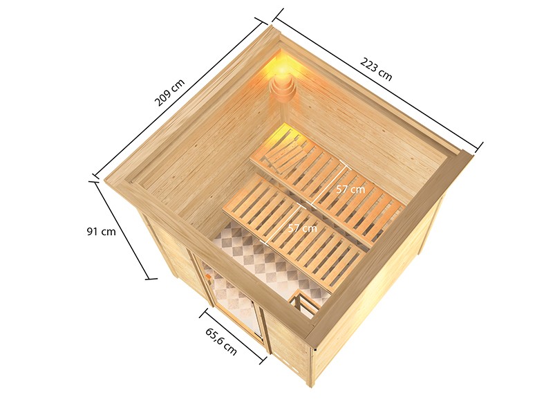 Woodfeeling 38 mm Massivholzsauna Jara - für niedrige Räume - mit Dachkranz 