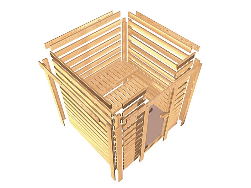 Woodfeeling 38 mm Massivholzsauna Jada - für niedrige Räume - ohne Dachkranz - 9kW Saunaofen mit externer Steuerung Easy