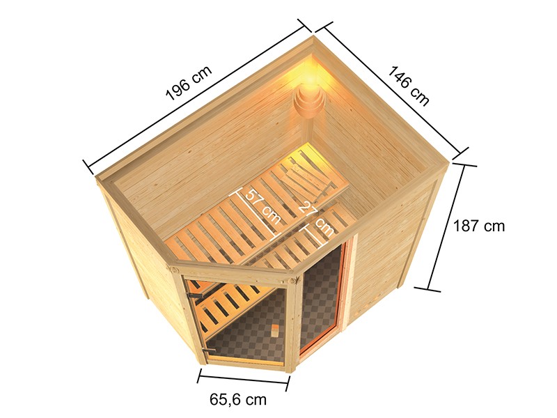 Woodfeeling 38 mm Massivholzsauna Jada - für niedrige Räume - ohne Dachkranz - 9kW Saunaofen mit externer Steuerung Easy 