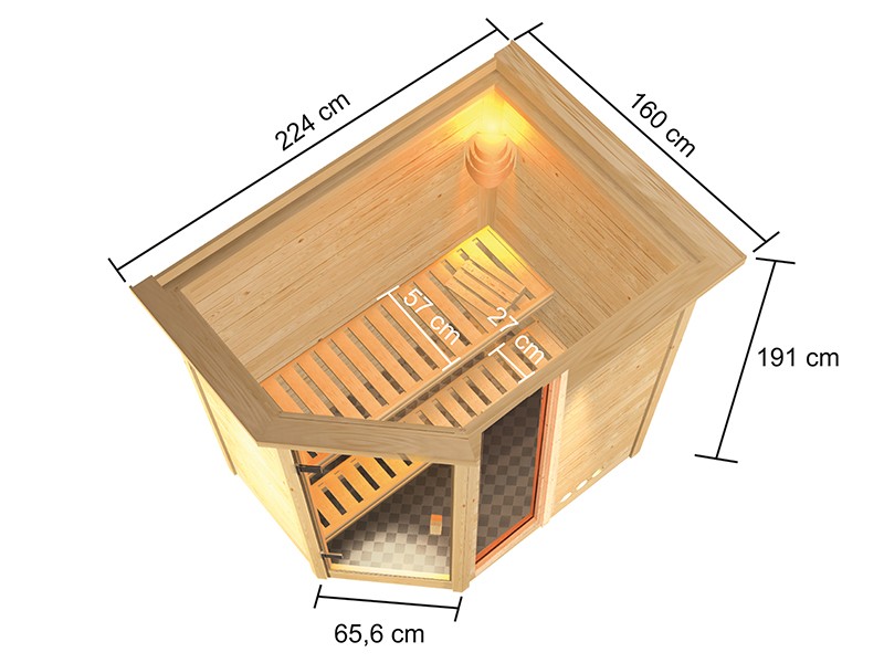 Woodfeeling 38 mm Massivholzsauna Jada - für niedrige Räume - mit Dachkranz - 9kW Saunaofen mit integr. Steuerung