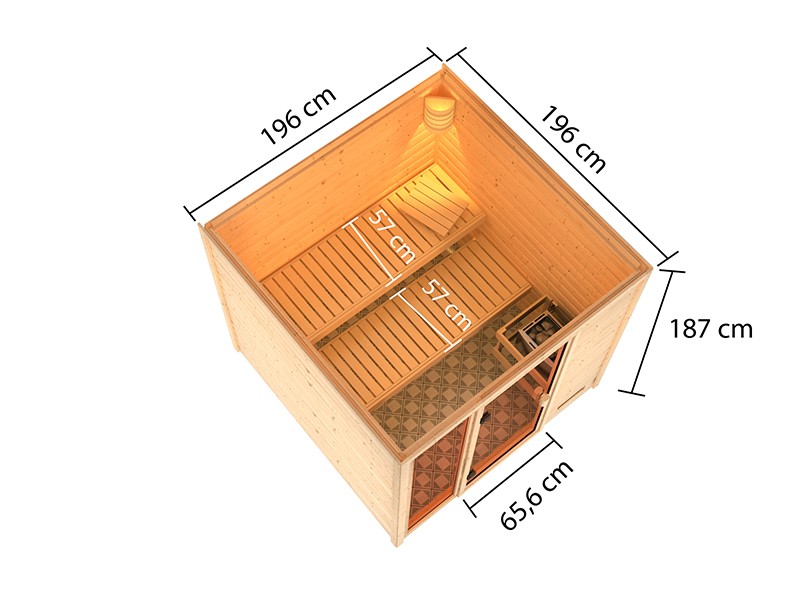 Woodfeeling 38 mm Massivholzsauna Jutta - für niedrige Räume - ohne Dachkranz - 9kW Saunaofen mit integr. Steuerung