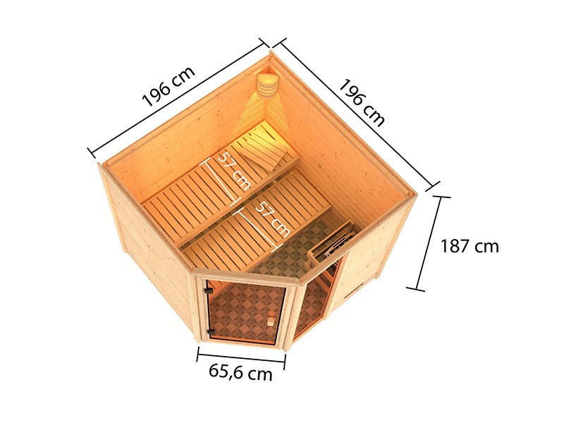 Woodfeeling 38 mm Massivholzsauna Tabea - für niedrige Räume - ohne Dachkranz