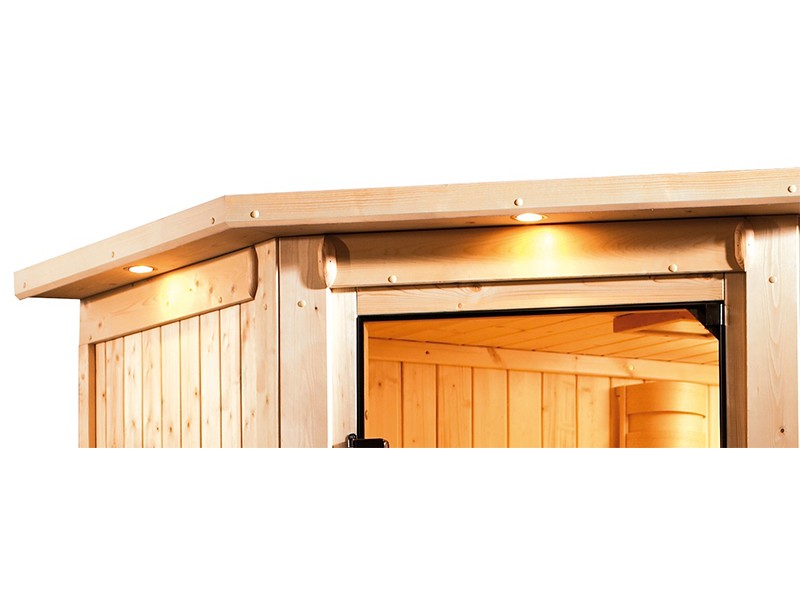 Woodfeeling 38 mm Massivholzsauna Sandra - für niedrige Räume - mit Dachkranz