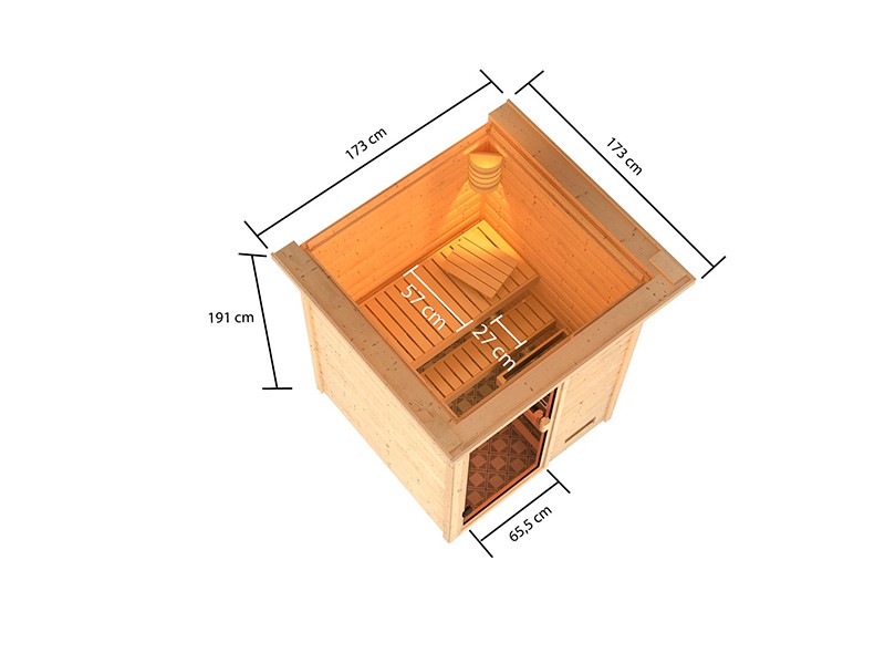 Woodfeeling 38 mm Massivholzsauna Sandra - für niedrige Räume - mit Dachkranz - 3,6kW Plug&Play Saunaofen mit externer Steuerung Easy