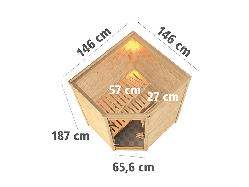 Woodfeeling 38 mm Massivholzsauna Antonia - für niedrige Räume - ohne Dachkranz