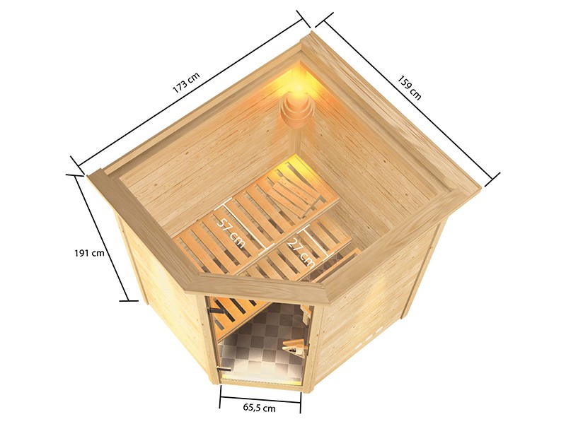 Woodfeeling 38 mm Massivholzsauna Antonia - für niedrige Räume - mit Dachkranz