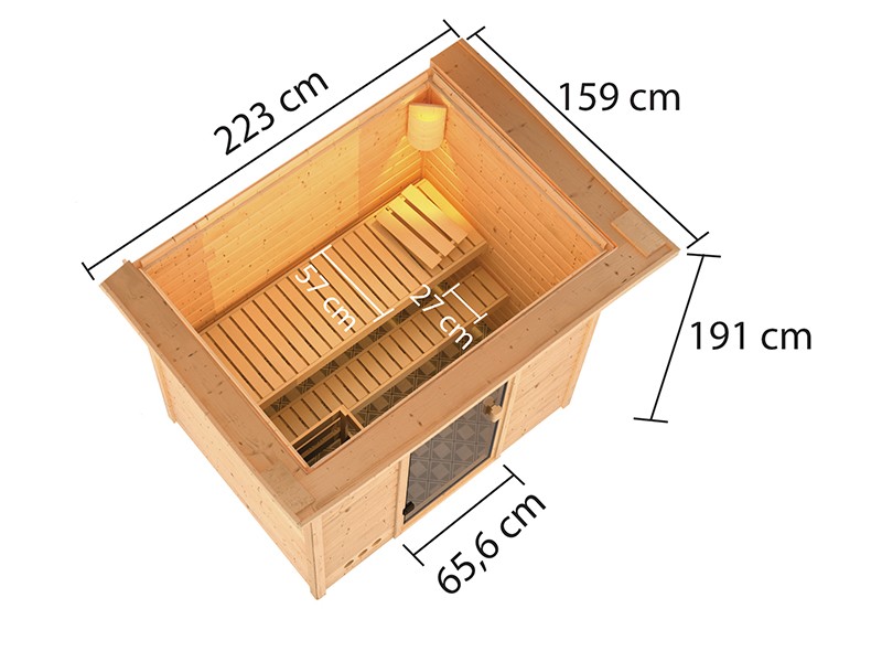 Woodfeeling 38 mm Massivholzsauna Selena - für niedrige Räume - mit Dachkranz - 3,6kW Plug&Play Saunaofen mit integr. Steuerung