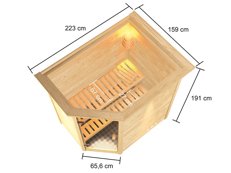 Woodfeeling 38 mm Massivholzsauna Jella - für niedrige Räume - mit Dachkranz - 3,6kW Plug&Play Saunaofen mit integr. Steuerung