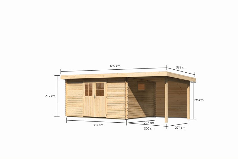 Karibu Holz-Gartenhaus Torgau 5 mit Anbaudach 2,3m + Rückwand - 40 mm Blockbohlenbau - naturbelassen