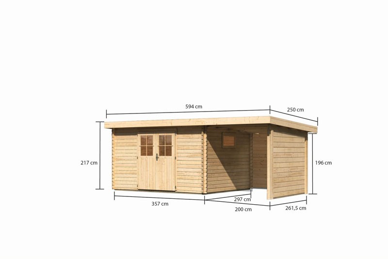 Karibu Holz-Gartenhaus Torgau 4 mit Anbaudach 2,3m + Rückwand +Seitenwand - 40 mm Blockbohlenbau - naturbelassen