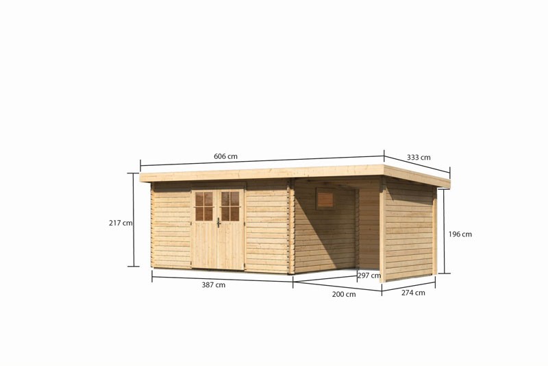 Karibu Holz-Gartenhaus Torgau 5 mit Anbaudach 2,3m + Rückwand + Seitenwand - 40 mm Blockbohlenbau - naturbelassen