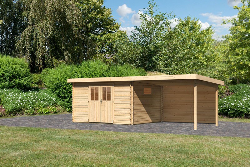 Karibu Holz-Gartenhaus Torgau 4 mit Anbaudach 3,3m + Rückwand - 40 mm Blockbohlenbau - naturbelassen