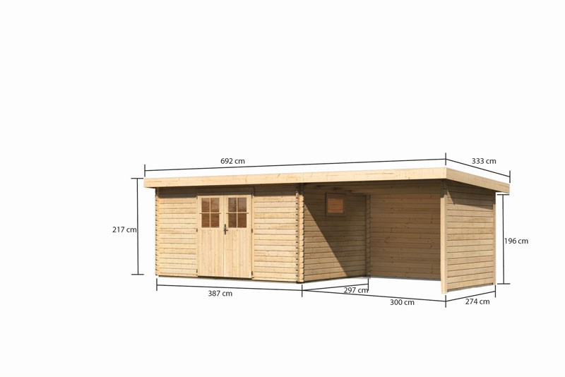 Karibu Holz-Gartenhaus Torgau 5 mit Anbaudach 3,3m + Rückwand + Seitenwand - 40 mm Blockbohlenbau - naturbelassen