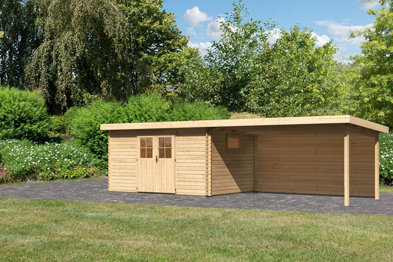 Karibu Holz-Gartenhaus Torgau 5 mit Anbaudach 4,4m + Rückwand - 40 mm Blockbohlenbau - naturbelassen