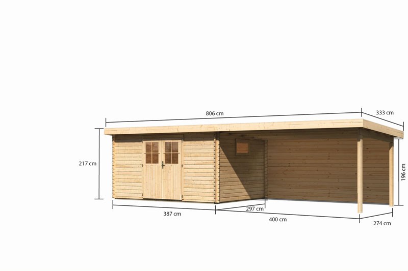 Karibu Holz-Gartenhaus Torgau 5 mit Anbaudach 4,4m + Rückwand - 40 mm Blockbohlenbau - naturbelassen
